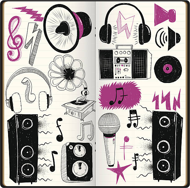 Loud Doodles Loud Doodles in sketchbook, rock n roll music speakers stock illustrations