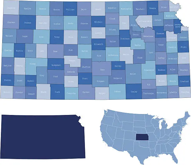 Vector illustration of Kansas state & counties map