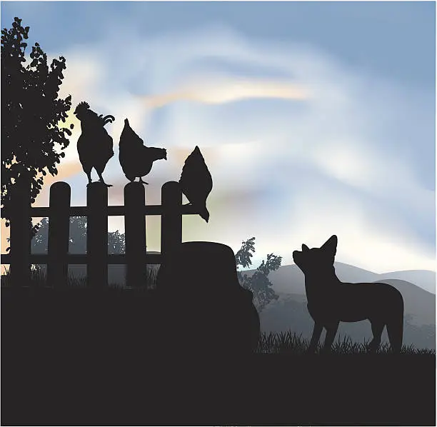 Vector illustration of Fox and chickens