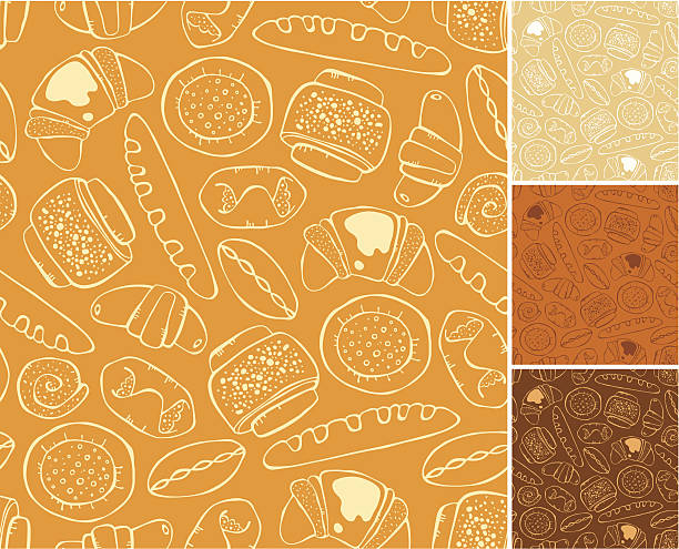 pattern of baking Outline vector seamless pattern of sweet baking bread backgrounds stock illustrations