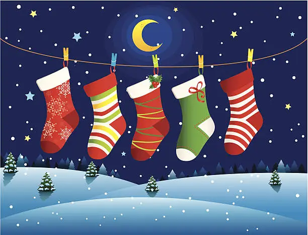 Vector illustration of Christmas socks at winter night