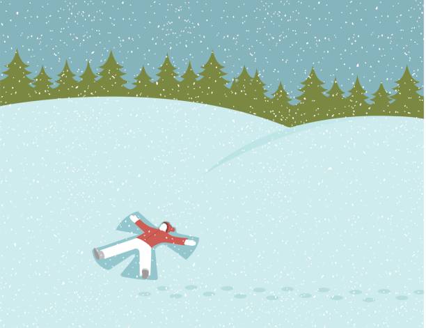 Cartoon man making a snow angel with evergreens in back A young person enjoys the winter season by making a snow angel as snowflakes fall overhead. Copy space for your message. kids snow suits stock illustrations