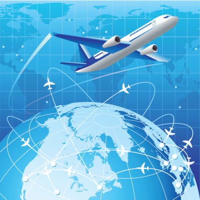 airplane flying around the world with flying destinations map background.
