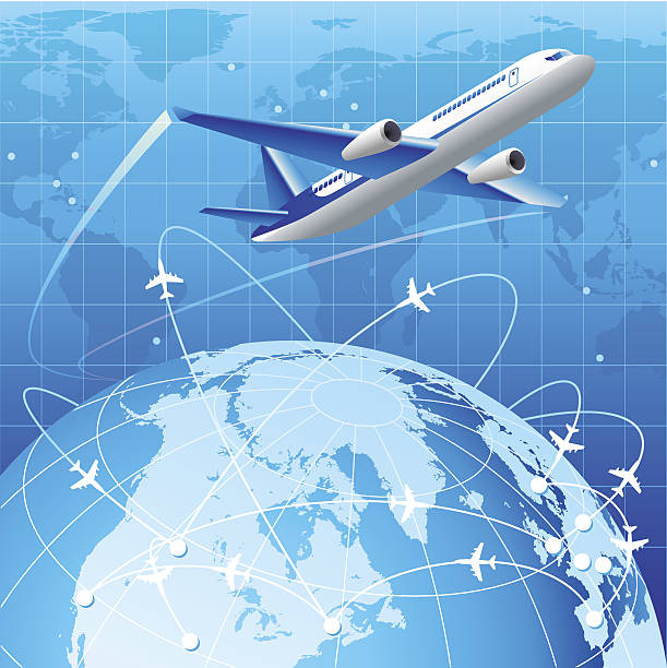 An airplane flying around the globe vector art illustration
