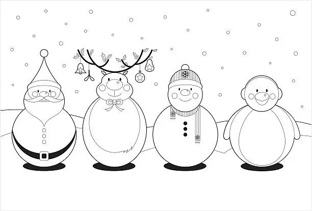 Vector illustration of Color In Cute Christmas Characters