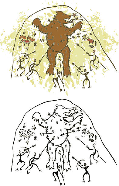 illustrations, cliparts, dessins animés et icônes de peinture de la grotte préhistorique ours et hunters - cave painting aborigine ancient caveman