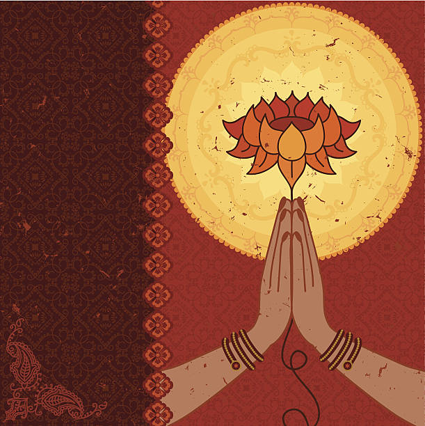 Dreamscape - Namaste Hands Two hands pressed together in the namaste pose, with a luscious lotus. Lots of ornate details, including aura, paisleys, bangles and background floral pattern. Grunge is removable. (Includes .jpg) anjali mudra stock illustrations