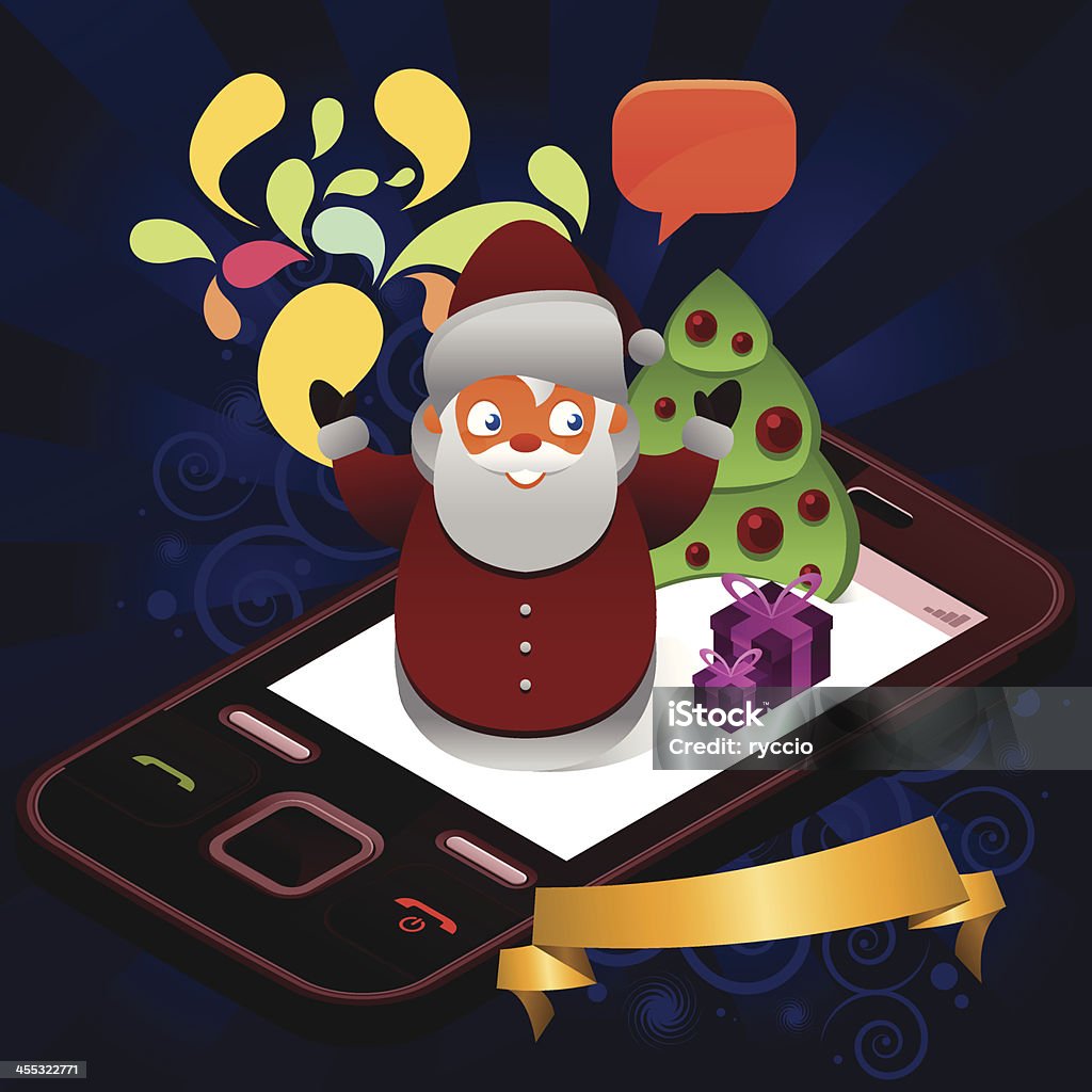 Christmas santa mobile party An isometric cellphone with a santa claus, a christmas tree and some presents. Surrounded with crazy graphics. Good for xmas greeting card. Above stock vector