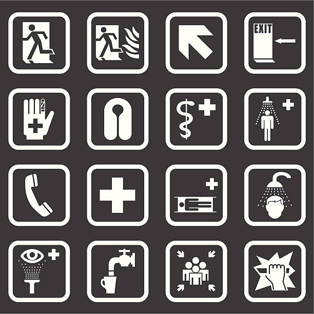 illustrazioni stock, clip art, cartoni animati e icone di tendenza di & medica di emergenza segni di sicurezza bianco (serie - fire exit sign