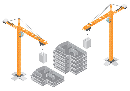 A vector illustration of buildings being built by industrial cranes.