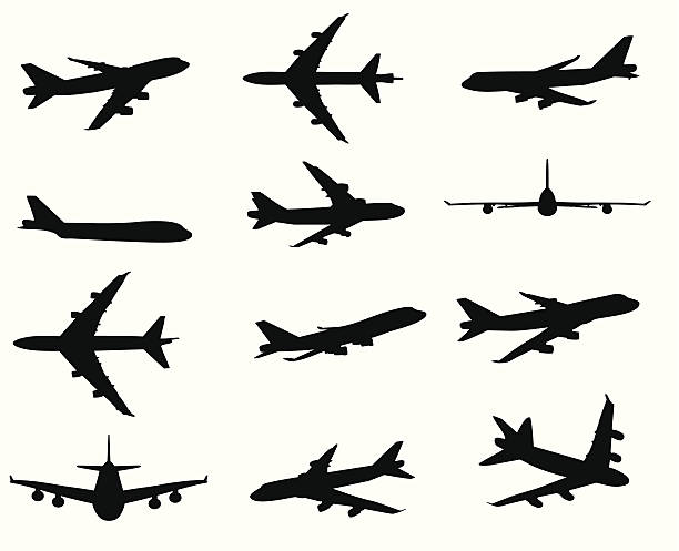 illustrazioni stock, clip art, cartoni animati e icone di tendenza di silhouette di aeroplano - aeronautica