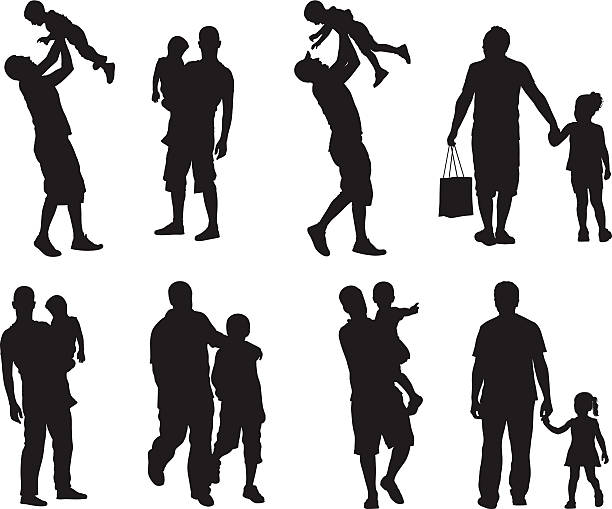 bildbanksillustrationer, clip art samt tecknat material och ikoner med assortment of silhouette images of father and children - enföräldersfamilj