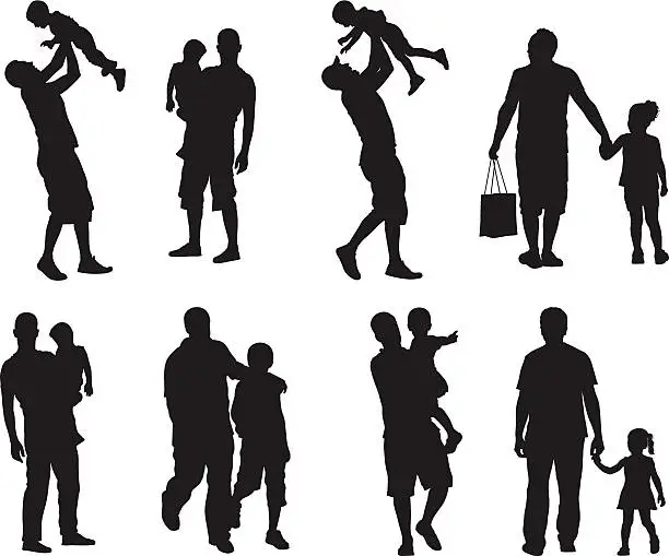Vector illustration of Assortment of silhouette images of father and children