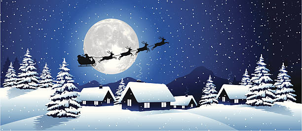 Winter Landscape with Santa Claus Illustration of Santa's sleigh. Hi-res jpg included (7000x3033px) and EPS-8 file. moon silhouettes stock illustrations