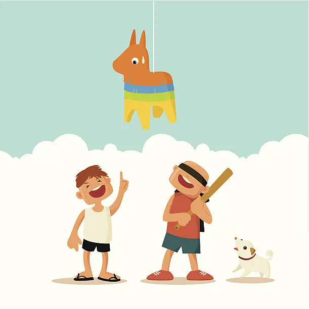 Vector illustration of Two kids and a piñata