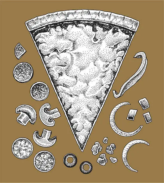 Vector illustration of Slice of Pizza - Junk Food, Sausage, Pepperoni, Vegetables