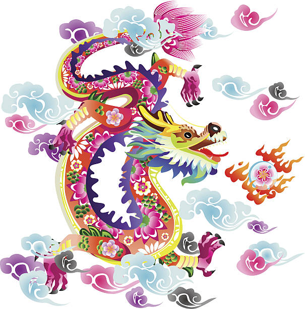 Flower Dragon Vector ilustration of Flower Dragon flying with colourful cloud. japanese dragon stock illustrations