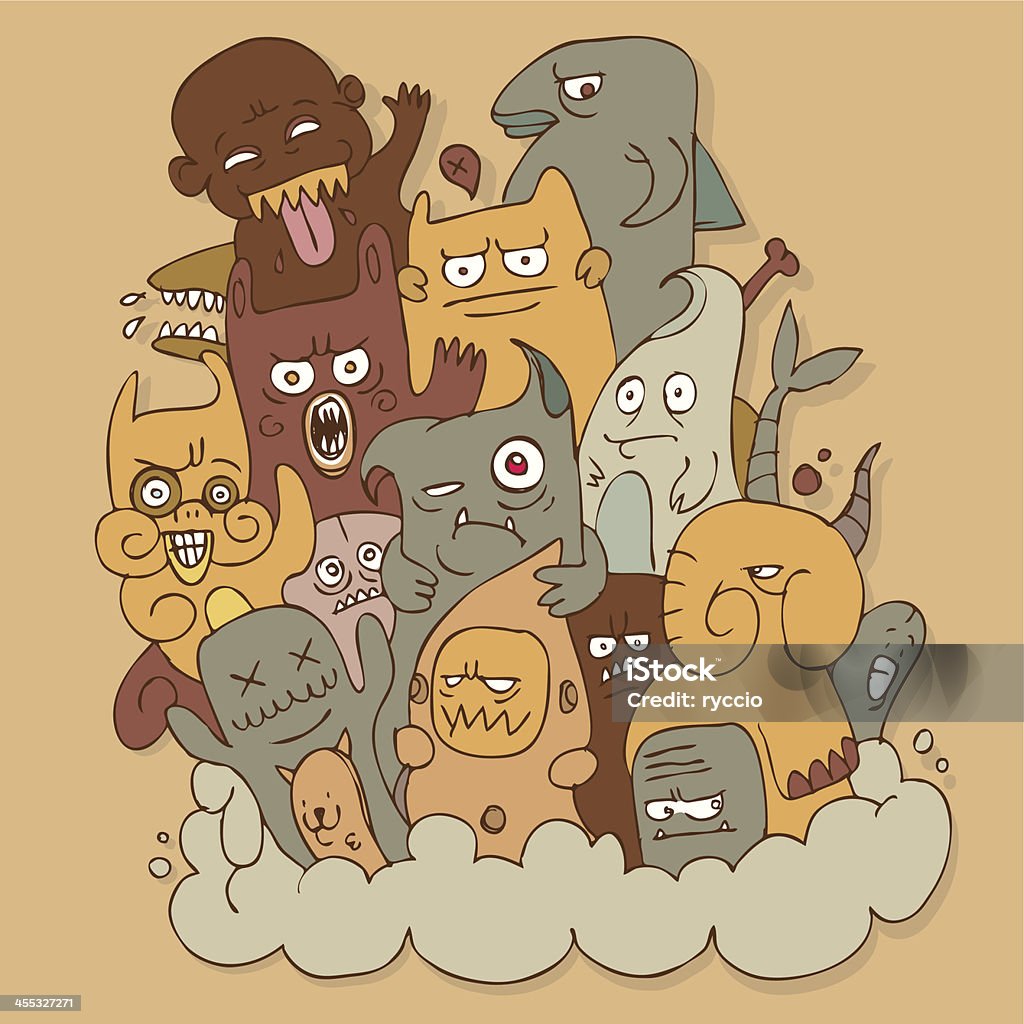 Hand drawn crazy monsters A lot of monsters, hand drawn. Cool and crazy. Inspired by animals like a monkey, a fish, a bear, an elephant and a cat. Include some phantoms, too. Manga Style stock vector