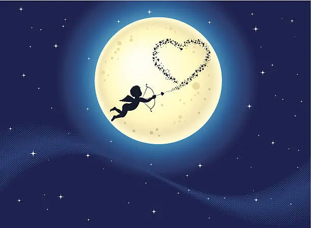 Vector illustration of Cupid shooting hearts at moonlight