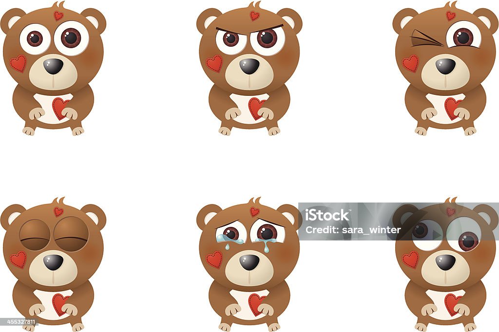 Collection of a big-eyed Valentine's bear with different facial expressions Six facial expressions of a cute little bear with heart patches. Anger stock vector
