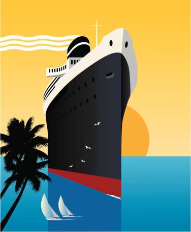 Cruise ship in the tropics with a sunset background. Style is reminiscent of Art Deco travel posters. Art on easily edited layers & can be extended out on all sides. Don't want some bits? - just click 'em off.