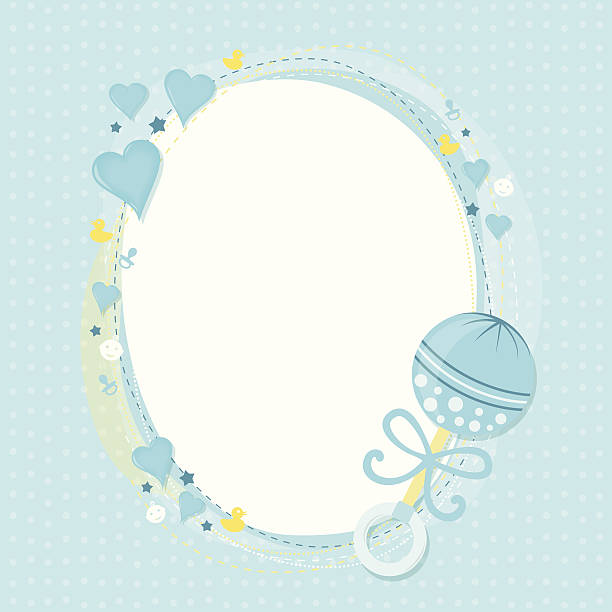 Baby boy greetings Blue hearts, yellow rubber ducks, pacifiers, stars, and infant boy icons form a decorative frame, with a ribbon trimmed rattle as an accent.  On a polka dotted background.   baby shower card stock illustrations