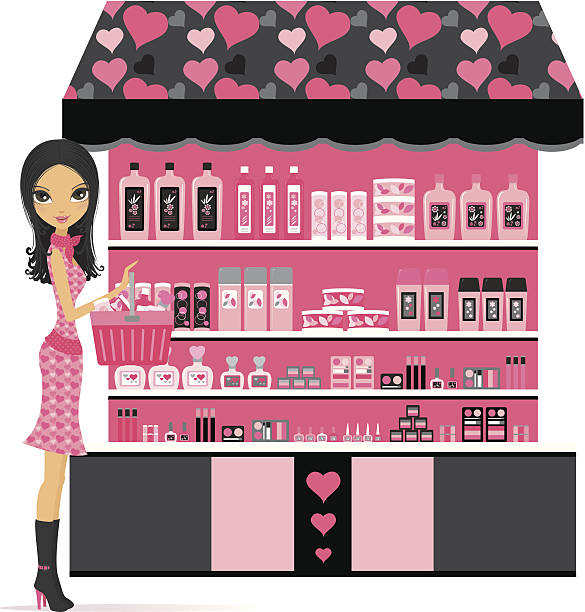 Girl shopping for beauty and cosmetics vector art illustration