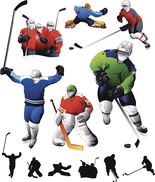 ilustraciones, imágenes clip art, dibujos animados e iconos de stock de juego de hockey - ice hockey hockey puck playing shooting at goal