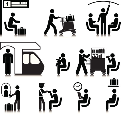 Vectored people traveling by train. Based on 1970s AIGA icon designed for the US Department of Transport. This figure is based on the standard sized stick figure rather than the compact version. The format can be blown up to any size without loss of quality.