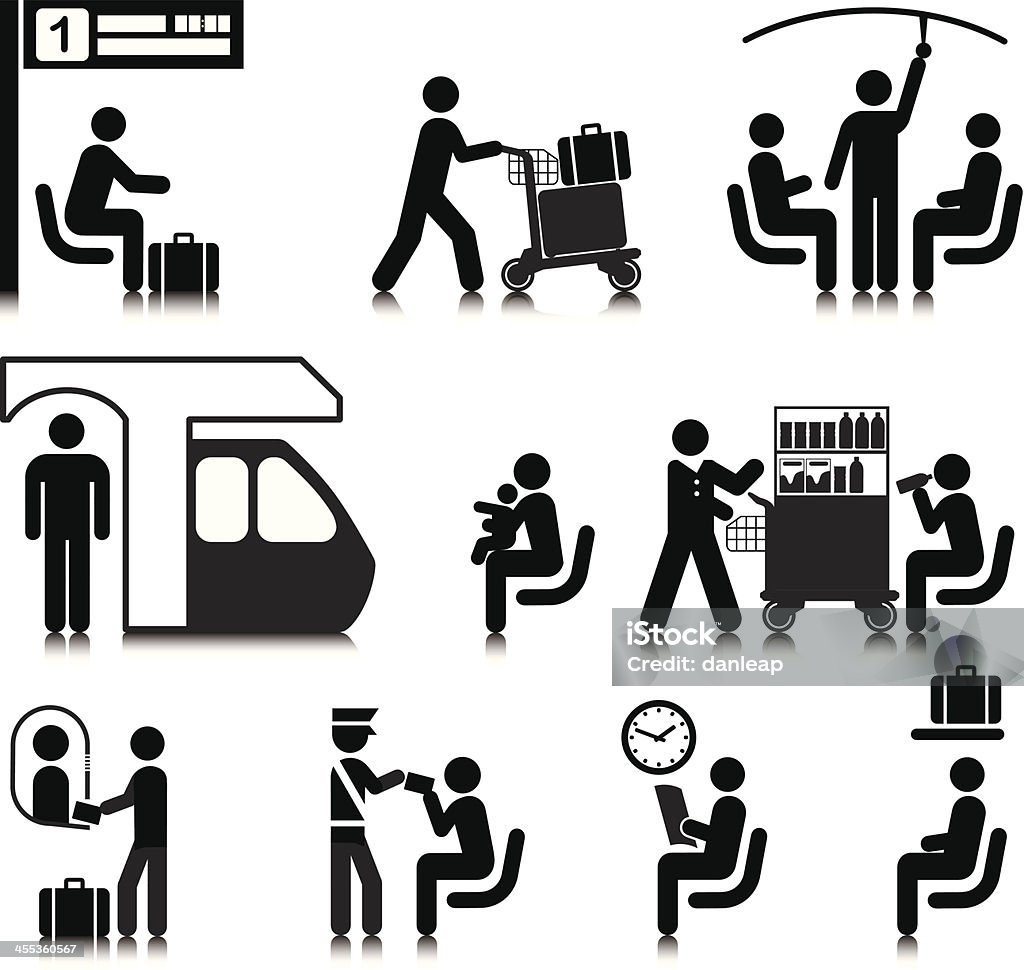 Train Travel Vectored people traveling by train. Based on 1970s AIGA icon designed for the US Department of Transport. This figure is based on the standard sized stick figure rather than the compact version. The format can be blown up to any size without loss of quality. Passenger stock vector