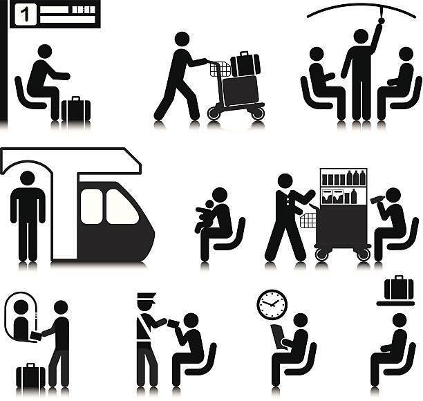 Train Travel Vectored people traveling by train. Based on 1970s AIGA icon designed for the US Department of Transport. This figure is based on the standard sized stick figure rather than the compact version. The format can be blown up to any size without loss of quality. transport conductor stock illustrations