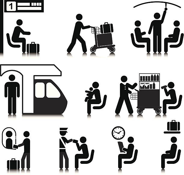 Train Travel Vectored people traveling by train. Based on 1970s AIGA icon designed for the US Department of Transport. This figure is based on the standard sized stick figure rather than the compact version. The format can be blown up to any size without loss of quality. train station black and white stock illustrations