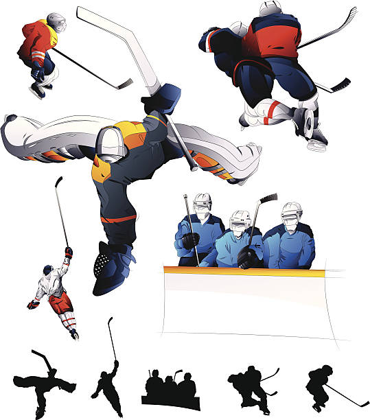ilustraciones, imágenes clip art, dibujos animados e iconos de stock de juego de hockey - ice hockey silhouette celebration ice skating