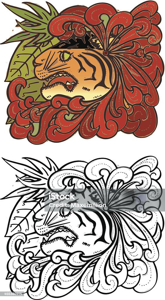 Save The Tiger In the jungle, a tiger is shot by a poacher's bullet.  Blood pours from the wound.  Black has all white knocked out. Animal stock vector