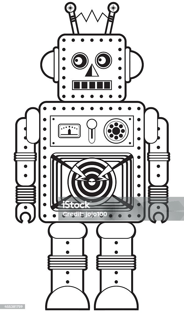 Robô retrô personagem ícone em preto e branco - Vetor de Estilo retrô royalty-free