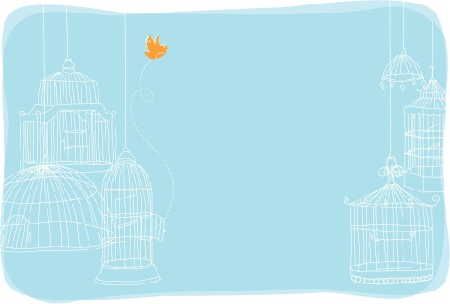 Background with birdcages and bird flying out of cage