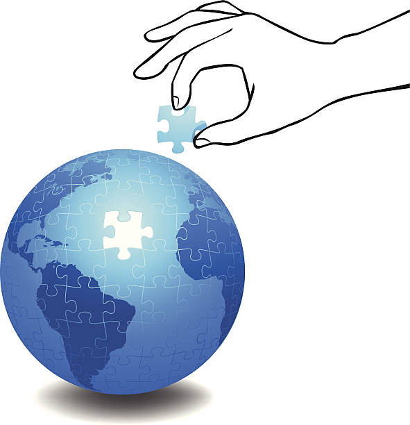 illustrazioni stock, clip art, cartoni animati e icone di tendenza di puzzle di terra - globe human hand earth world map