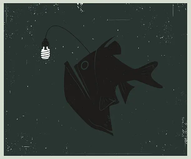 Vector illustration of Retro-style illustration of Anglerfish with Compact Fluorescent Lightbulb