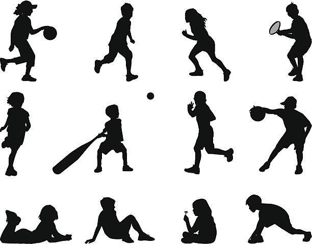 ilustraciones, imágenes clip art, dibujos animados e iconos de stock de kid de silueta - tennis silhouette vector ball