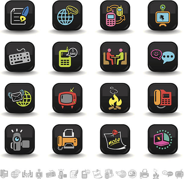 Global communication icons | bbton series 16 colored global communication icons on smooth black internet buttons. smoke signal stock illustrations