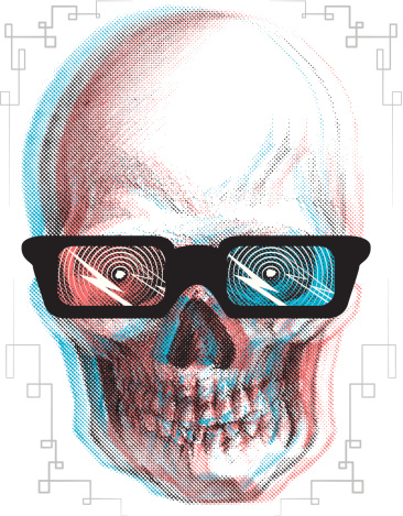 this is a skull, overlapping in 3d style. the glasses are horn rimmed for that classic movie critic look. all graphics are vector. 