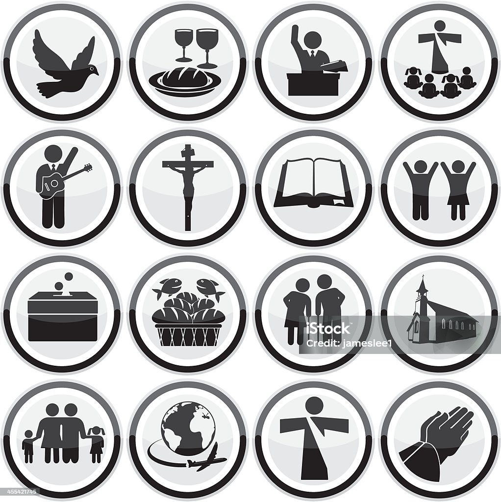 A set of sixteen black and white religious icons Glossy Christian Icon Set Communion stock vector