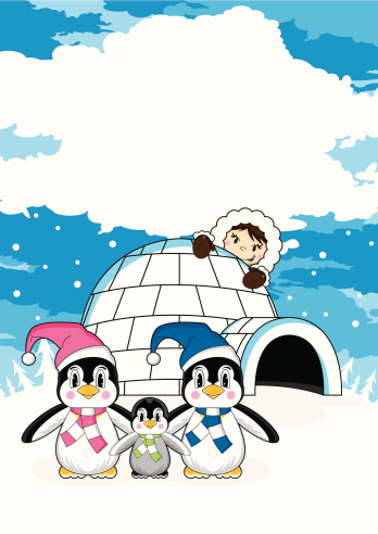 Vector illustration of an Eskimo with Penguins & Igloo Winter scene.