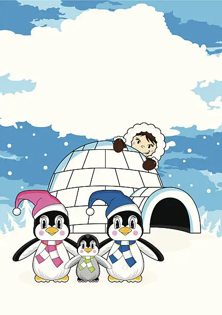 Vector illustration of Cute Eskimo with Penguins & Igloo