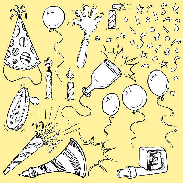 illustrations, cliparts, dessins animés et icônes de cotillons-bruit cafetière, des bougies, des confettis et ballons - cotillons