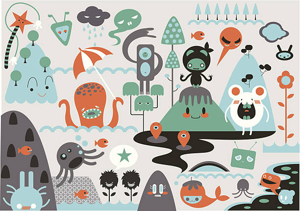 Montage of cute cartoon monsters vector art illustration