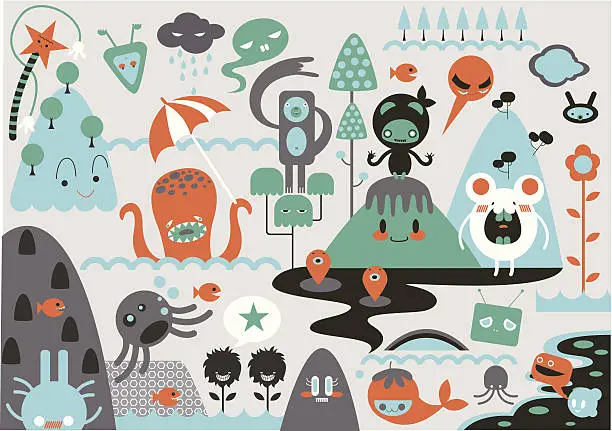 Vector illustration of Montage of cute cartoon monsters