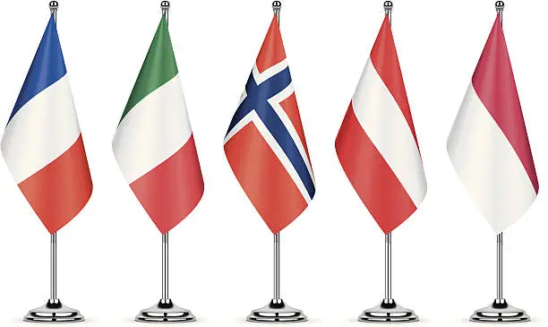 Vector illustration of French, Italian, Norwegian, Austrian and Polish table flags