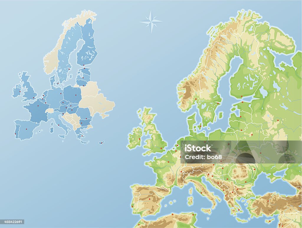 L'Europe-plan physique et les États membres de l'Union européenne - clipart vectoriel de Carte libre de droits