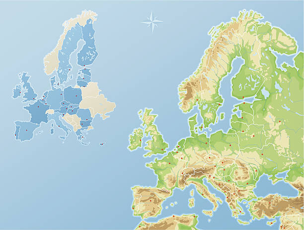Europe - physical map and states of the European Union Reduced topography and political map of the European Union EU andorra map stock illustrations